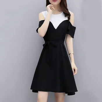 

Women's O-neck Stitching Color Off Shoulder Adjustable Sashes Summer Dress Sundress Clothes 2020 Платья Женские