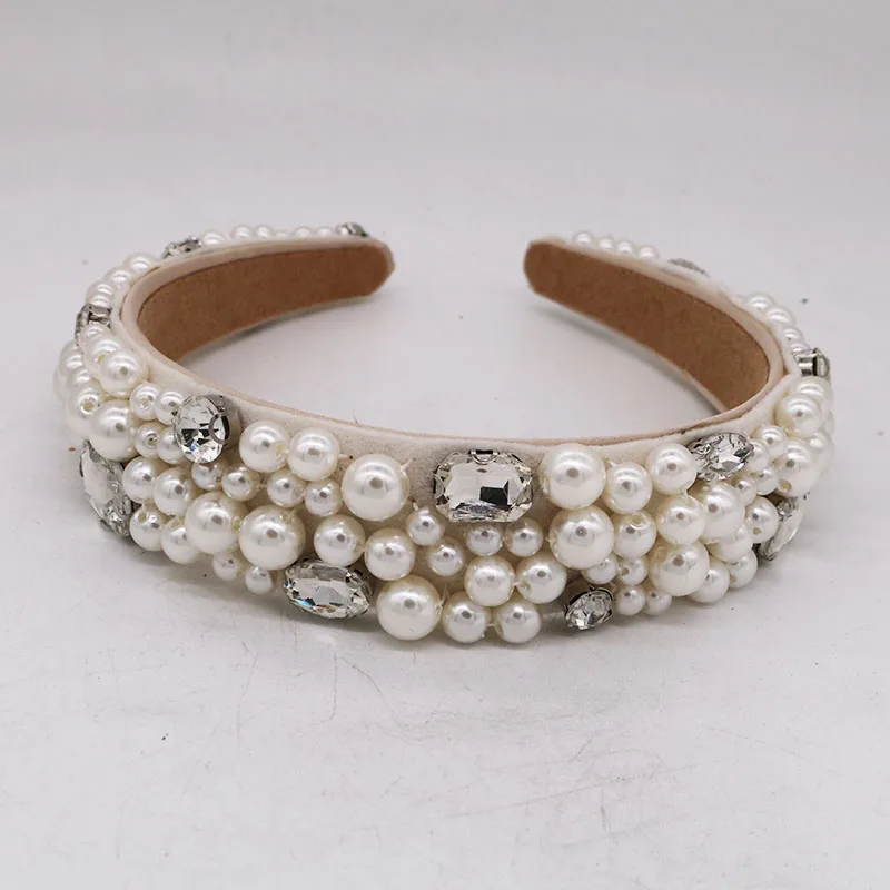 Retro Luxury Bride Headband Pearl Beaded Baroque Hairband Tiara Bridal Crown Headwear Women Hair Jewelry Accessiory Headpiece