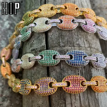 

Hip Hop 11MM Gold Color Bling CZ Coffee Bean Link Chain Necklace Charm Solid Back Iced Out Chain Necklaces For Men Jewelry