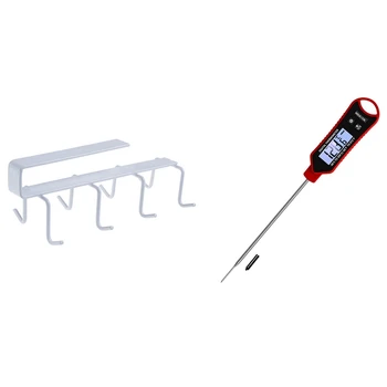 

Kitchen Storage Rack Cup Board Hanging Hook Holder with Instantly Read Waterproof and Fast Meat Thermometer-Red