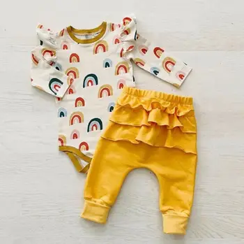 

Newborn Kid Baby Girl Rainbow Stripes Clothes Romper Ruffle Pants Leggings Outfit Set Spring Autumn Clothing