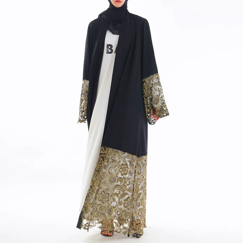 

2019 Muslim black robe lace sleeve hem lace wind cardigan gown long skirt and Ramadan clothing