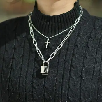 

Popular Punk Multilayer Square Lock Hip Hop Necklace Padlock Chains Cross Chain Jewelry