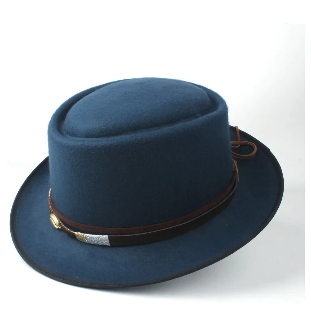 Unisex Men Women Pork Pie Hat With Belt Retro Trilby Hat Tea Party Hat Outdoor Casual Wool Flat Fedora Jazz Hat Size 58CM