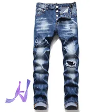 Dsq Patch Jeans de alta gama para hombre, patrón bordado de moda DSQ2, Jeans rasgados