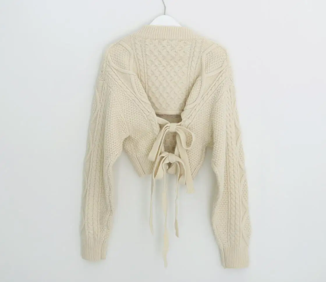 H han queen/Новинка, осенне-зимние вязаные женские свитера, пуловер со шнуровкой и длинными рукавами, модный короткий Повседневный свитер в Корейском стиле