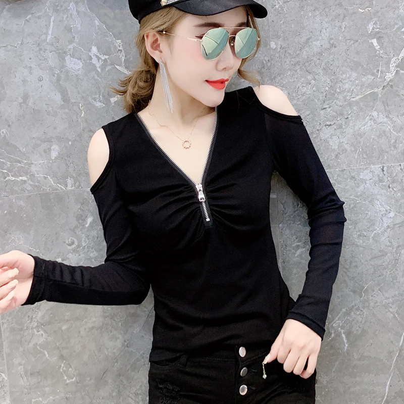 

Autumn 2019 Black T-shirt Women Off-shoulder V-neck Zipper Mesh Sleeve Patchwork Slim Stretchy Cotton Tops Long Sleeve T98693