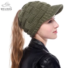 WELROG модный конский хвостик зимние шапки однотонные толстые вязаные шапочки с хвостом бейсбольные шапки модные теплые зимние бейсболки