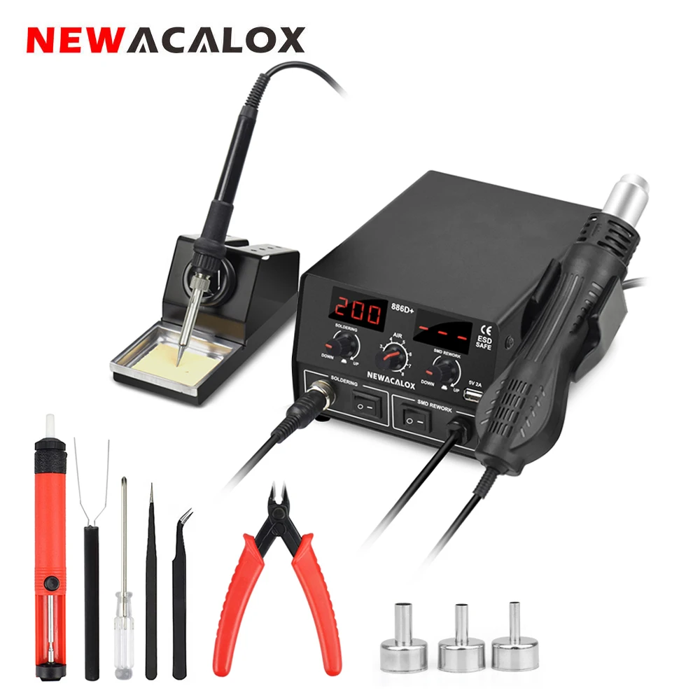 NEWACALOX 886D EU/US 750 Вт цифровая паяльная станция 2 в 1 паяльник с регулировкой