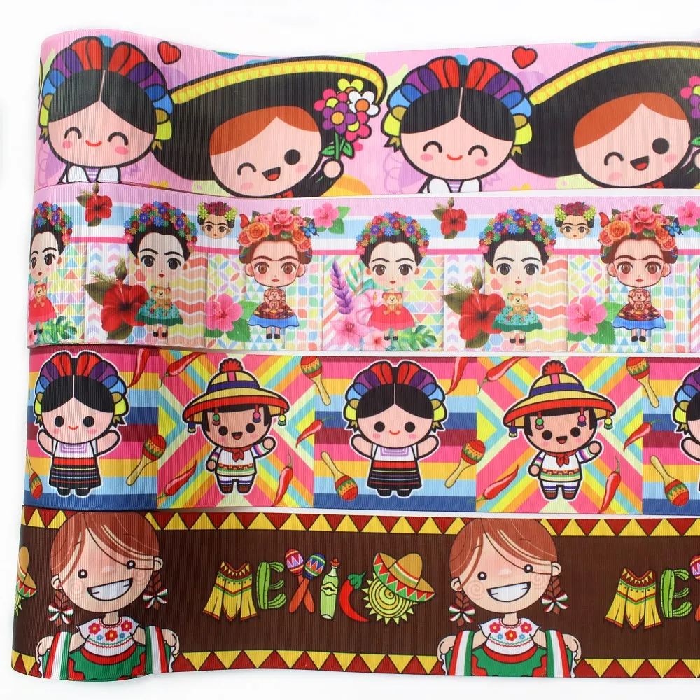 

I-19912-2144,3‘’ 75mm,5 yards Mexico girl Thermal transfer Printed grosgrain Ribbons,bow cap accessories and decorations