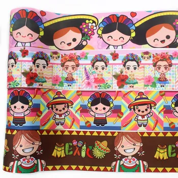 

I-19912-2144,3‘’ 75mm,5 yards Mexico girl Thermal transfer Printed grosgrain Ribbons,bow cap accessories and decorations