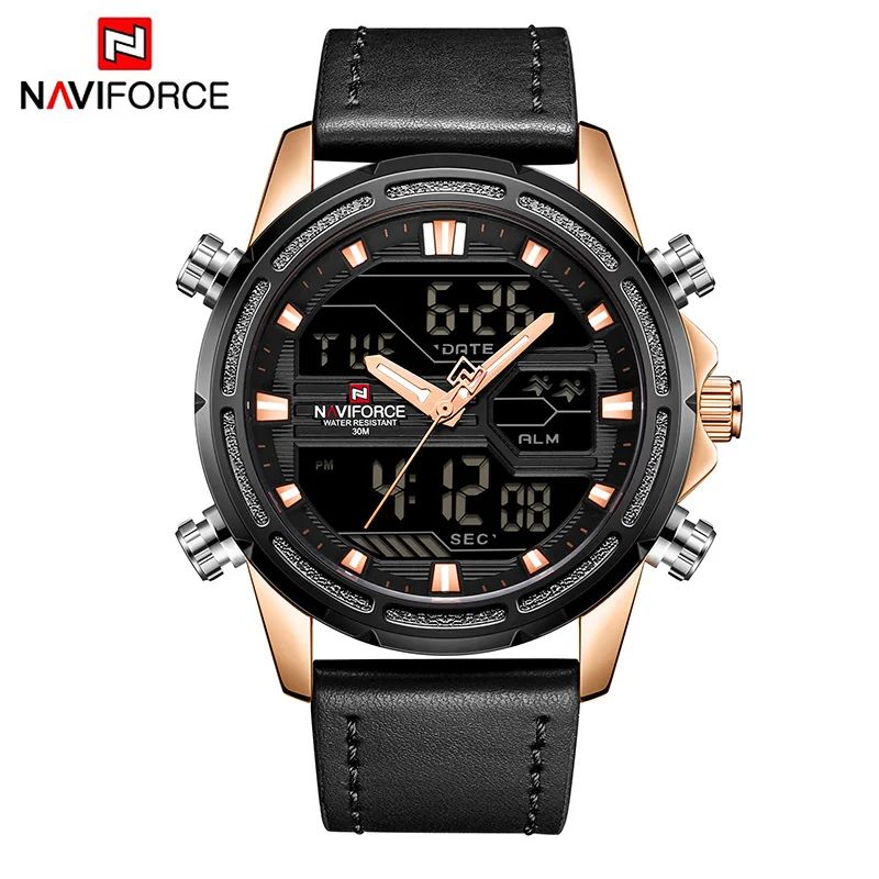 RoseGold Black NAVIFORCE, спортивный светодиодный цифровой топ, люксовый бренд, нержавеющая сталь, кварцевые часы, мужские часы, армейские военные наручные часы, Relogio Masculino - Цвет: RoseGold Black