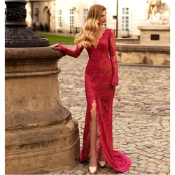 Long Sleeves Dress For Women Special Banquet Wear Sexy Lace Prom Dresses V Neck Side Split Cocktail Party Evening Gowns Vestidos