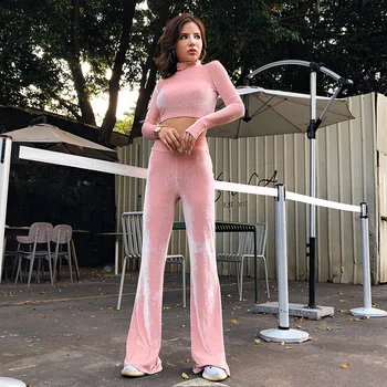 

2 Two Piece Set Women Suede O Neck Crop Top and Long Pants Set Sexy spring long Sleeve Tracksuit Women 2020 new casual Suit
