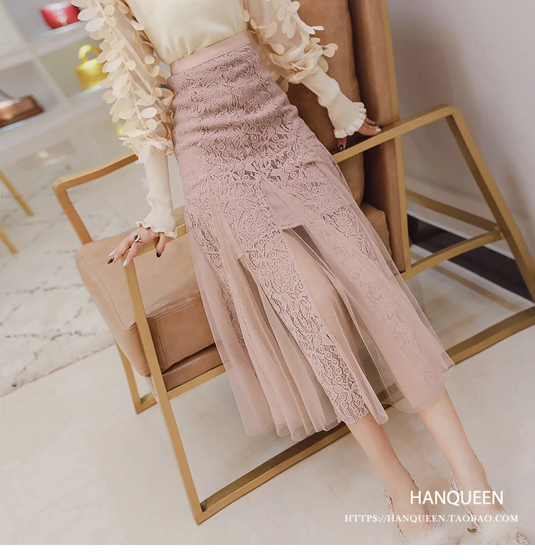 Korean  queen pink mesh skirt female 2020 spring and summer new lace high waist skirt long fish swing skirt slazenger skort