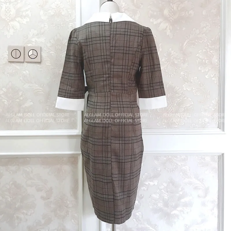 Autumn Notched Vintage Plaid Vestidos Bowknot Half Sleeve Knee-Length Bodycon Pencil Office Work Cloth Dress