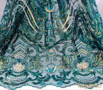 

Wedding Dress Embroidery Sequins Green Net Lace Fabric 5 Yards Mesh Embroidered 100% Polyester Headed High Quality Evening