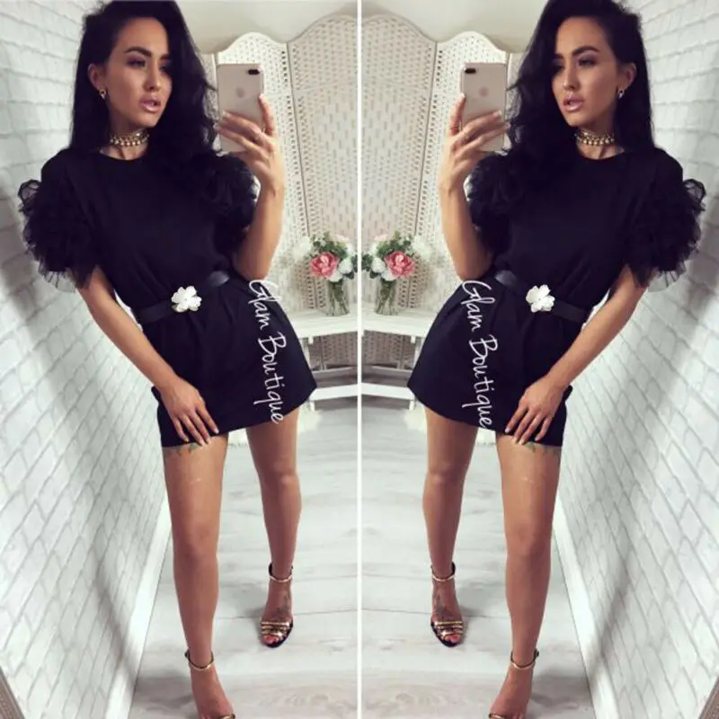 

2019 New Women Summer Dress Tulle Frill Mesh Puff Sleeve Short Dress Ladies Tops