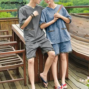 

Men Homewear Pajamas Sets Vintage Print Patchwork Leisure Short Sleeve Tops Shorts Retro 2 Pieces Unisex Sleepwear Suits INCERUN