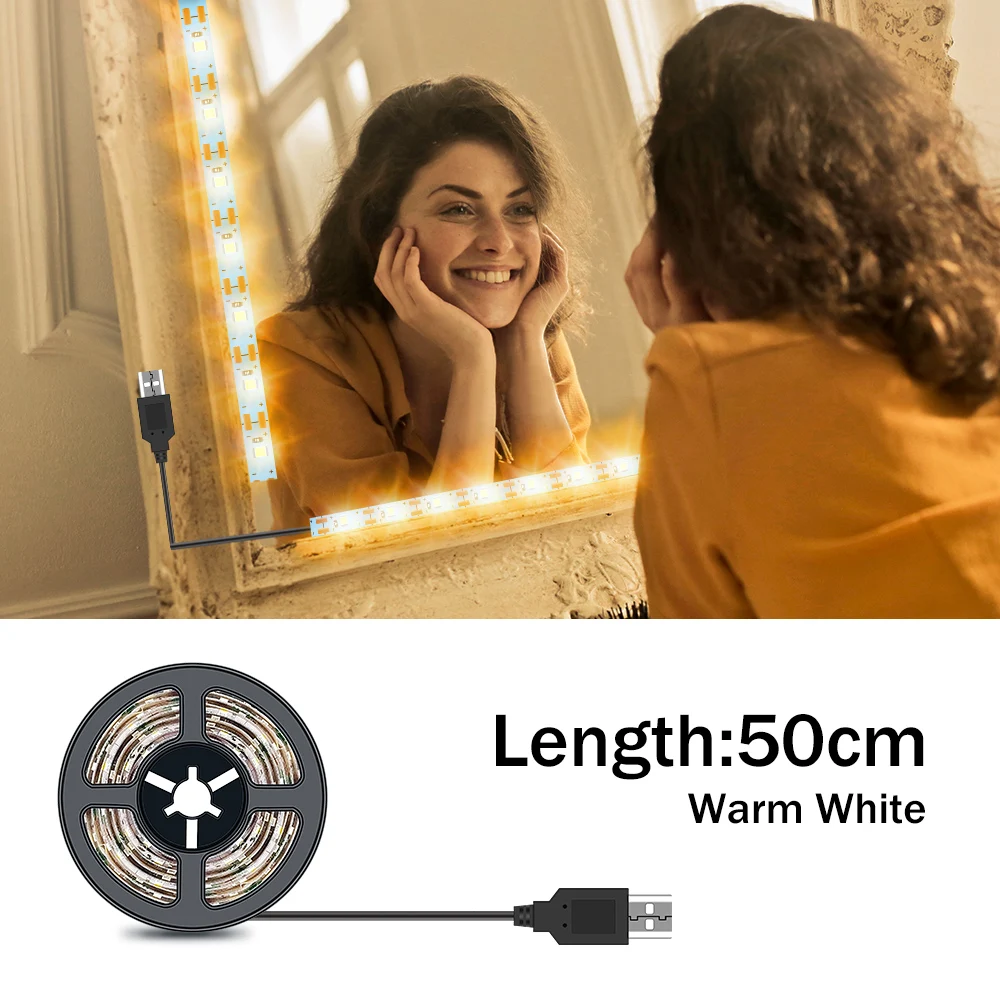 50CM Warm White 5M Tocador con espejo светильник для макияжа, зеркальный светильник, USB, 5 В, туалетный столик, лампа для ванной комнаты, светодиодная лампа для туалетного зеркала, косметический светильник в полоску - Испускаемый цвет: 50CM Warm White