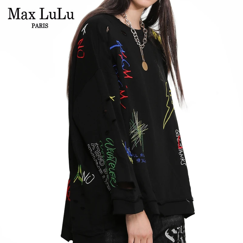 Max LuLu модные корейские женские осенние панк уличные женские свободные толстовки с дырками Повседневные свитера большого размера с вышивкой