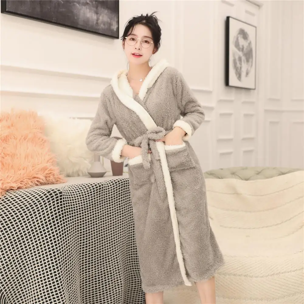 Новое поступление с капюшоном ночной халат женский коралловый флисовый халат кимоно платье пижамы короткий серый милый домашний халат Ночное белье - Цвет: Gray B