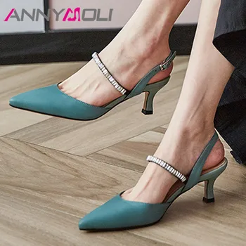 

ANNYMOLI Crystal Genuine Leather Mid Heel Sandals Women Shoes Pointed Toe Thin Heels Footwear Summer Sandals Lady White Size 40