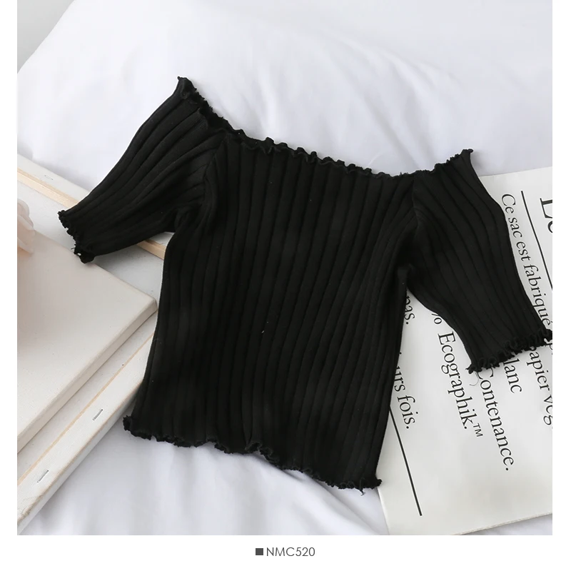 HELIAR Women Off Shoulder T-shirts Knitting Crop Tops Women Short Sleeve Cute Ruffles Hem T-shirts For Women 2021 Summer