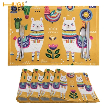 

HUGSIDEA 4Pcs Placemat Yellow Cute Llama Pattern PVC Mat Table Mats Plate Dish Pads Non-Slip Dishware For Kitchen for Table