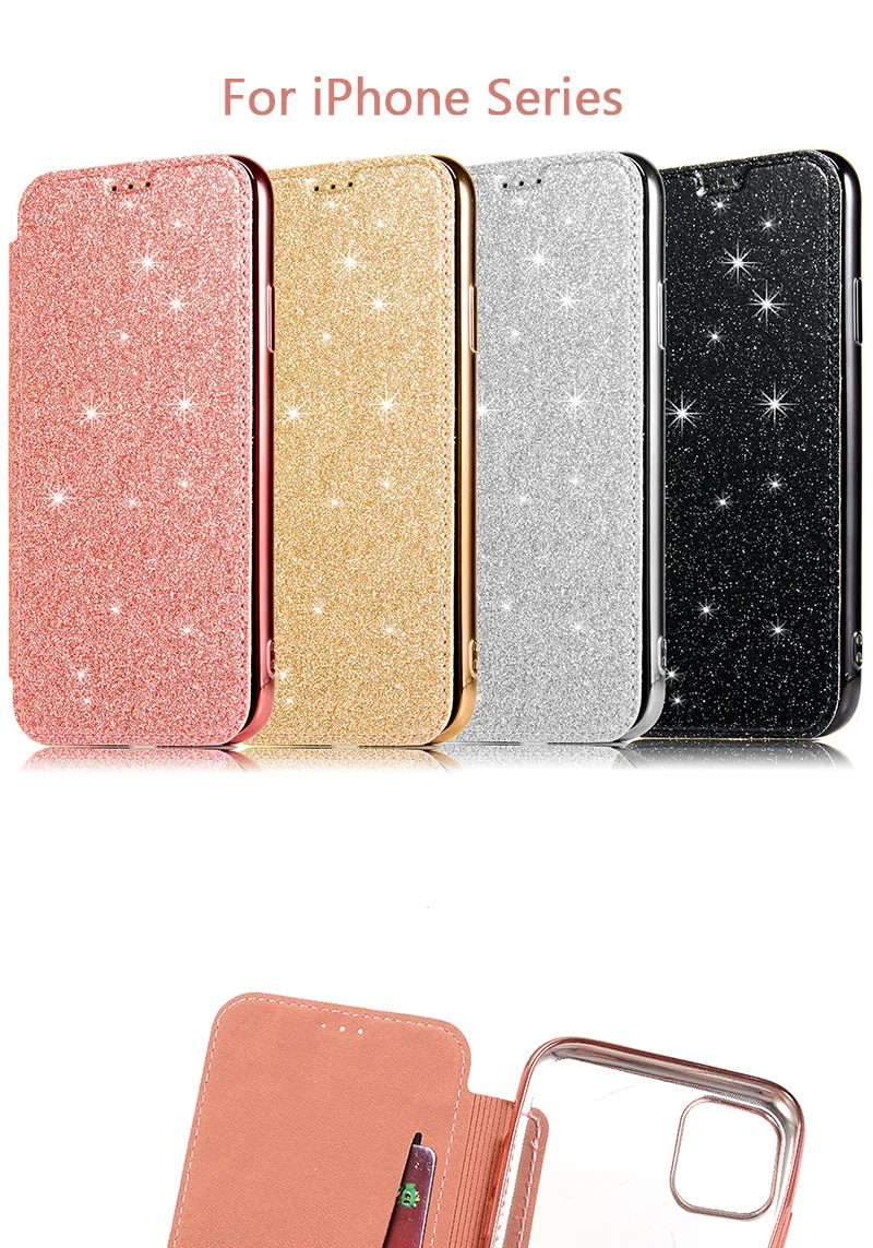 Bling Glitter Leather Flip Wallet Case For iPhone 13 Pro 12 11 Pro Max X XR XS MAX 8 7 Plus 6s SE 2020 Clear Back Soft TPU Case iphone 13 cover