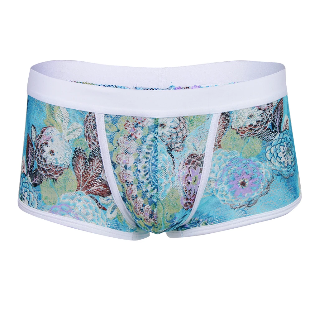 Vintage Soft Men Floral Print Sheer Lace Boxers Underwear Bulge Pouch Underpants Trunks Lingeries