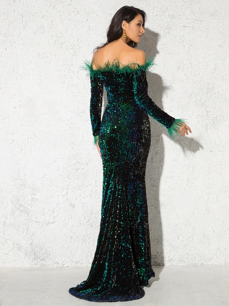 Черный блестящий Платье с блесткамиплатье для вечеринки декорирование перьев с длинными рукавамидлина пола платье соткрытыми плечами эластичный Подкладка тугой вечернее платье