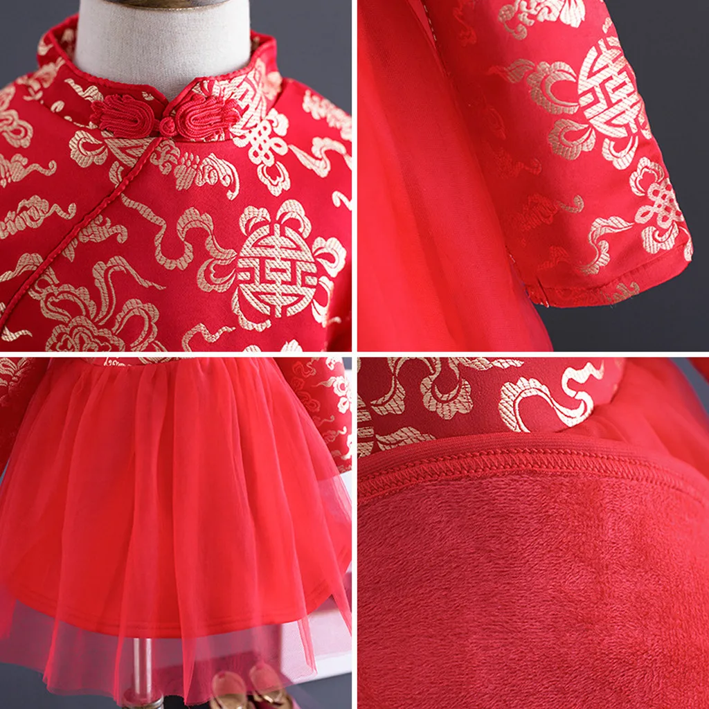 Красная Милая Детская одежда; платье в китайском стиле для девочек; платье Ципао с вышивкой; платье принцессы с фатиновой юбкой на год; vestidos