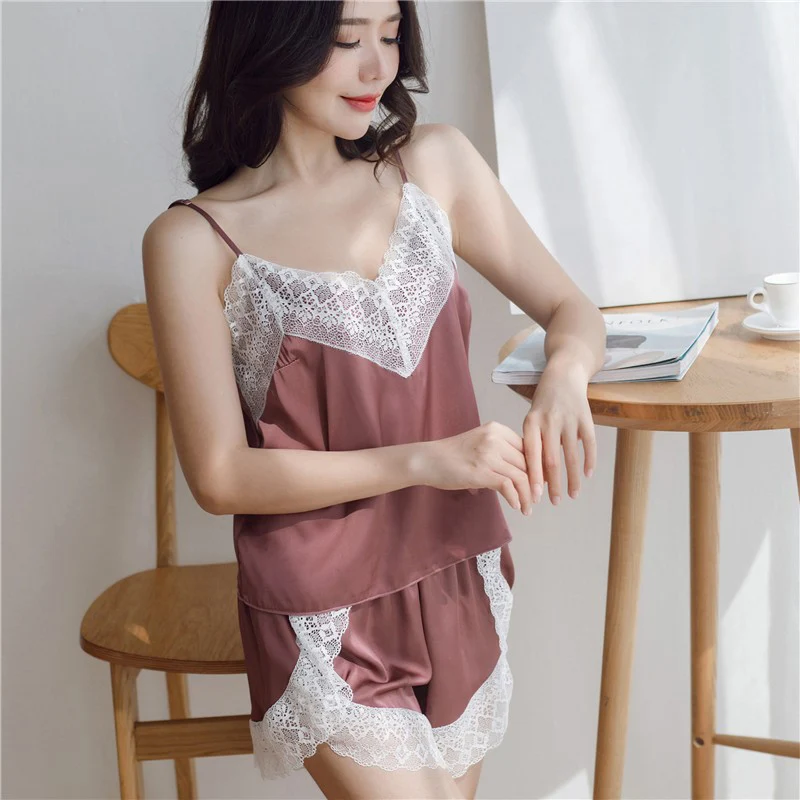 

Women Casual Sexy Pajamas set Camisole Shorts V-Neck Tops Pajamas Sleepwear Comfortable White Lace Lingerie