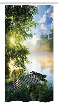 

Landscape Stall Shower Curtain Fishing Pier by River in The Morning with Clouds and Trees Nature Image Fabric Bathroom Decor