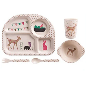 

5Pcs/Set Baby Bamboo Fiber Bowls Cute Cartoon Eco-Friendly Children's Dinnerware Natural Tableware Set Separation Feeding Plate