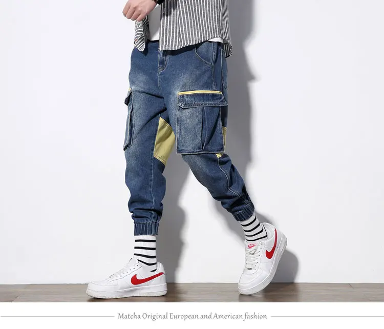Мужские хип-хоп брюки уличная разгрузочные жилеты фитнес джинсы брюки карго мужские лоскутные свободные джинсы LBZ157