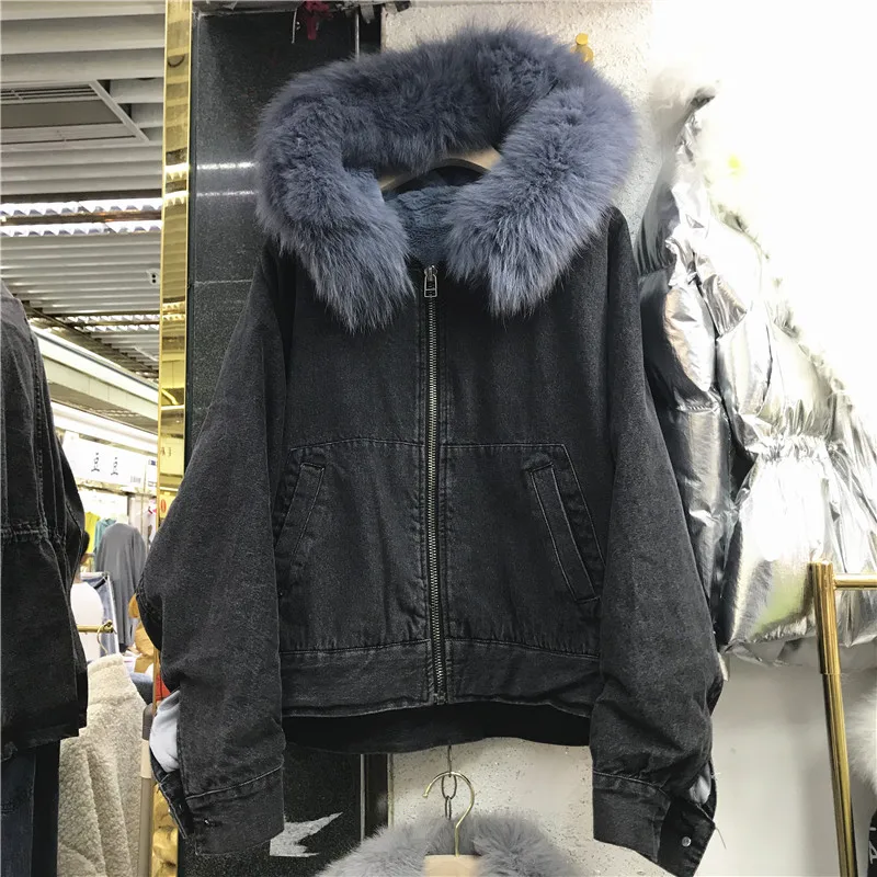 Женская джинсовая куртка с воротником из натурального меха,, зимняя теплая джинсовая куртка, новинка, большой воротник из лисьего меха, с капюшоном, укороченная, свободная, джинсовая куртка
