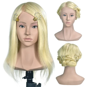 

Mannequin Head Blonde 100% Real Human Hair Hairdresser Training Head Manikin Cosmetology Doll Head Table Clamp Stand Included