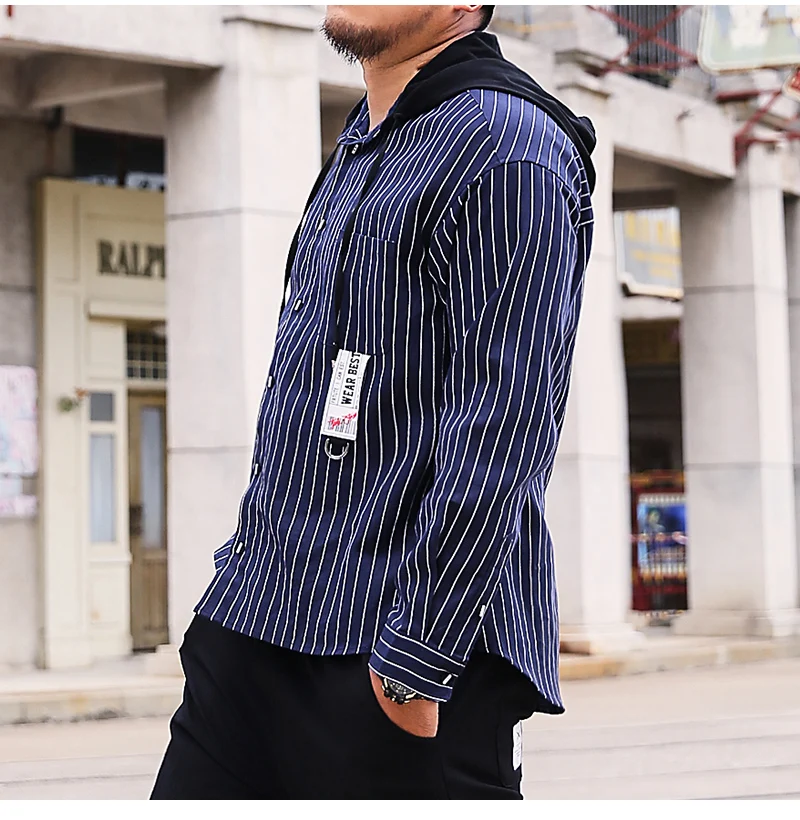 Корейский стиль, Повседневная Уличная полосатая рубашка, мужские блузки с капюшоном, рубашка с длинным рукавом, футболки, мужские Модные топы, шляпа, топы