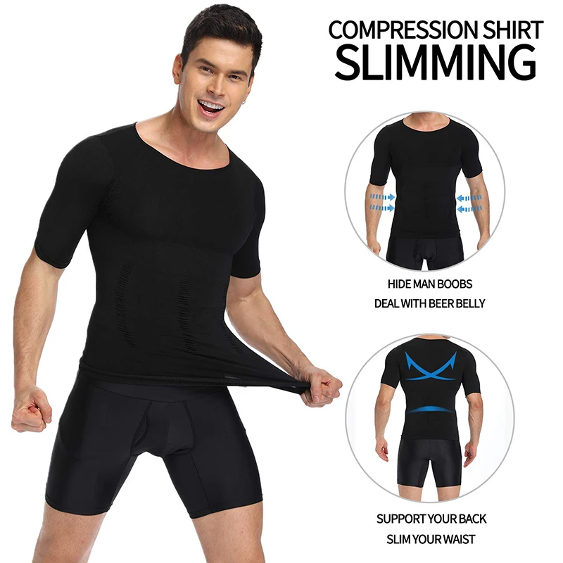 Mens Body Shaper Slimming Shirt Compression Vest Elastic Slim