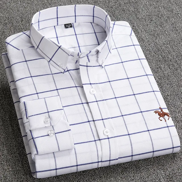 100% Cotton Oxford Plaid Solid Color Striped Shirt Tops Casual Long Sleeve Shirt Slim Fit Shirt Men Camisa Social Korean Clothes 13