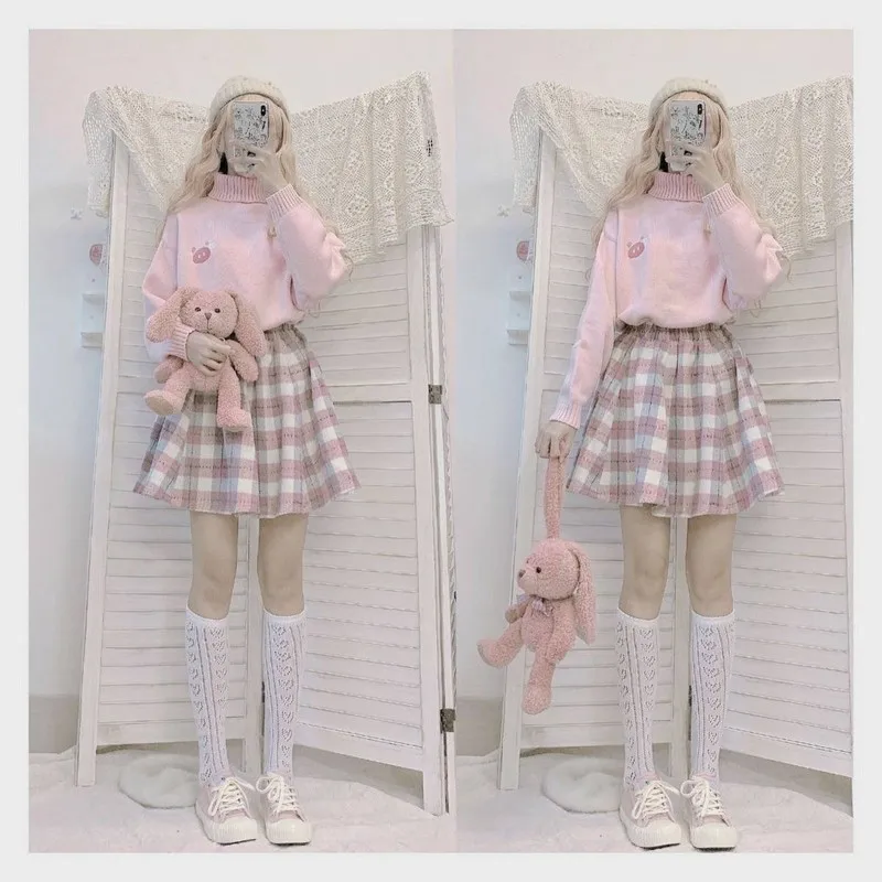 Vintage de lã Estilo de Cintura Nicemix Xadrez Saia Feminina Novo Alta A-line Plissado Inchado Curta Bainha 2020 7 High Quality Moda Feminina