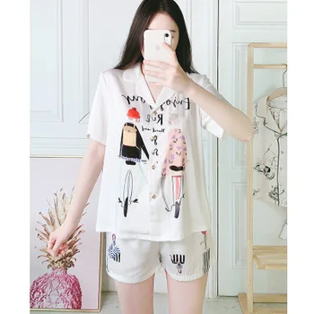 

Summer Lady Short Summer Pajamas Cute Cartoon Female Silk Loose Home Pajamas Set White Cartoon Short 2 Pcs Set Sleepwear