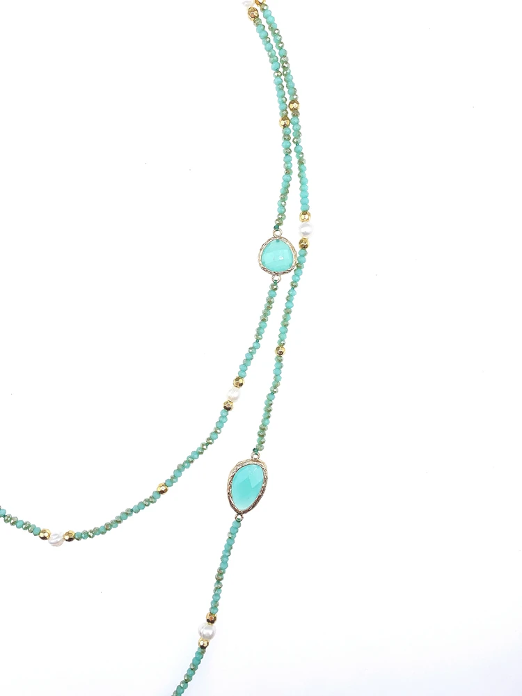 Faceted Cut Irregular Aqua Quartz Long Necklace With 5-6mm White Freshwater Pearls 2mm Crystals And Hammered Gold Beads 50 Inch