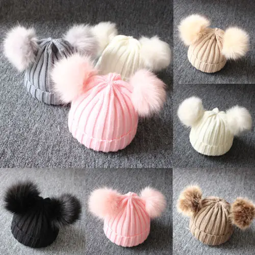 

1-3 Years Newborn Baby Winter Wool Knitted Hat Children Infant Caps Beanie with Two Double Pom Pom Beanie for Kids Boys Girl