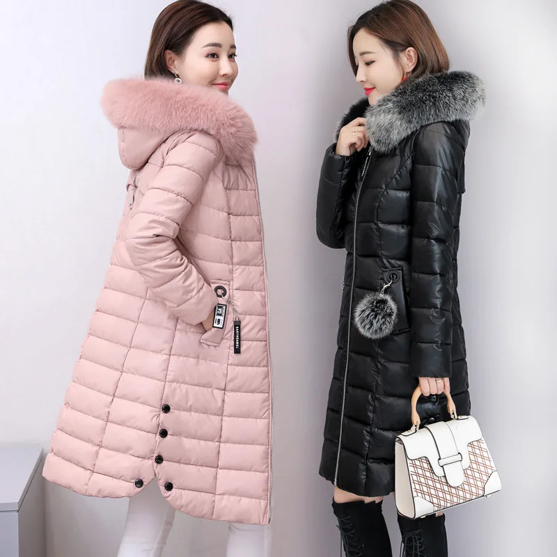 

Cotton-padded Clothes Women's Medium-length 2019 Winter New Style PU Leather Cotton-padded Jacket Really Fox Fur Collar Coat dow
