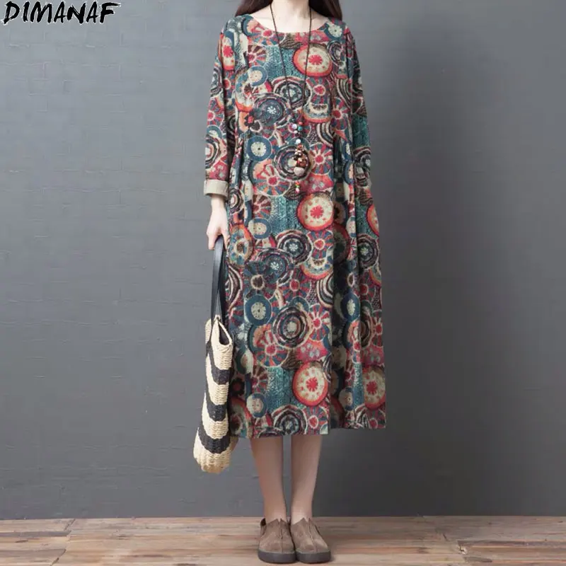 

DIMANAF Plus Size Women Dress Linen Vintage Indie Folk Autumn Floral Print Patchwork Female Retro Loose Casual Pockets Dresses