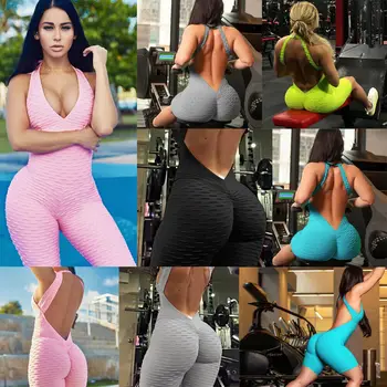 

Women Sexy Sport Backless Sports Gym Slim Yoga Running Fitness Leggings Pants Solid Color Playsuit Jumpsuit
