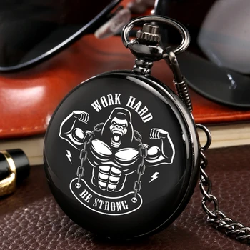 

Accept Customized Text Work Hard Be Strong Quartz Pocket Watch Black Gorilla Animal FOB Chain Clock for Men Women Dropshipping